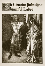 ガウェイン卿は「アーサー王と彼の騎士の物語」、1903年のイラストから美しい女性を見つけます